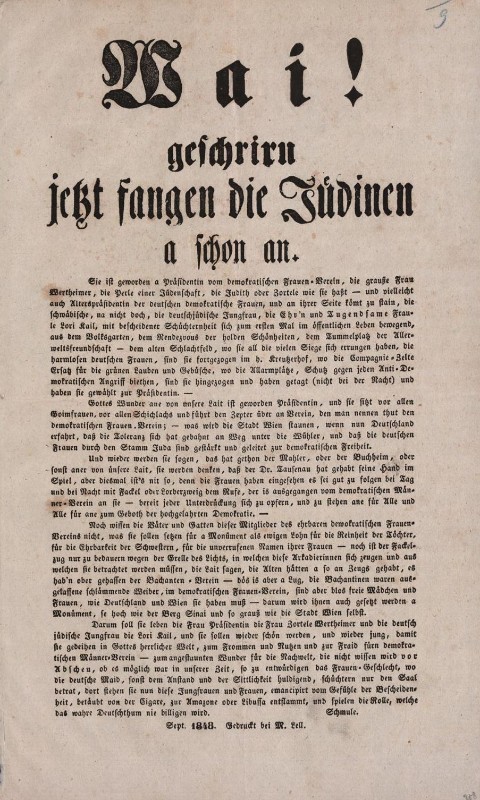 Antisemitisches Flugblatt anlässlich der Gründung des Wiener Demokratischen Frauenvereins im September 1848. Antisemitisches Flugblatt anlässlich der Gründung des Wiener Demokratischen Frauenvereins im September 1848.
