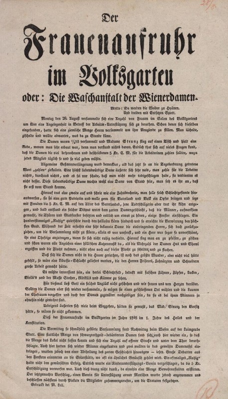 Flugschrift anlässlich der Gründung des Wiener Demokratischen Frauenvereins, August 1848. Flugschrift anlässlich der Gründung des Wiener Demokratischen Frauenvereins, August 1848.