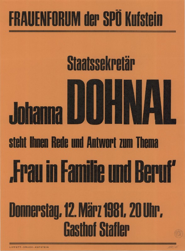 Plakat zu einem Vortrag von Johanna Dohnal in Kufstein, 1981 Plakat zu einem Vortrag von Johanna Dohnal in Kufstein, 1981