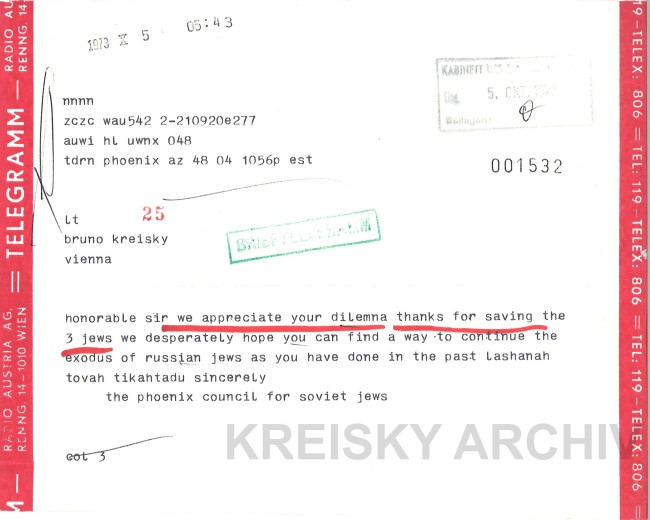 Telegramme an Bruno Kreisky Geiselnahme in Marchegg.
