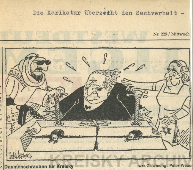 In dieser Karikatur setzen ein palästinensischer Terrorist (links) und die israelische Ministerpräsidentin Golda Meir (rechts) dem österreichischen Bundeskanzler Daumenschrauben an.