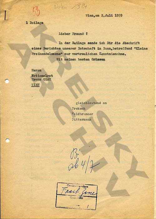 Bericht der Botschaft in Bonn betreffend die Entwicklung der "Kleinen Freihandelszone", Juli 1959