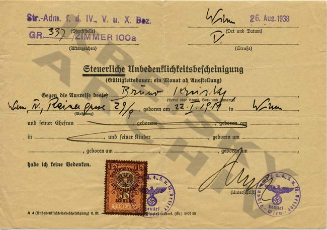 Die steuerliche und die polizeiliche Unbedenklichkeitsbescheinigung waren notwendig für jede Ausreise. Als Jude hatte Kreisky neben der für alle geltenden "Reichsfluchtssteuer“ auch die so genannte Judenvermögensabgabe zu bezahlen. Die steuerliche und die polizeiliche Unbedenklichkeitsbescheinigung waren notwendig für jede Ausreise. Als Jude hatte Kreisky neben der für alle geltenden "Reichsfluchtssteuer“ auch die so genannte Judenvermögensabgabe zu bezahlen.