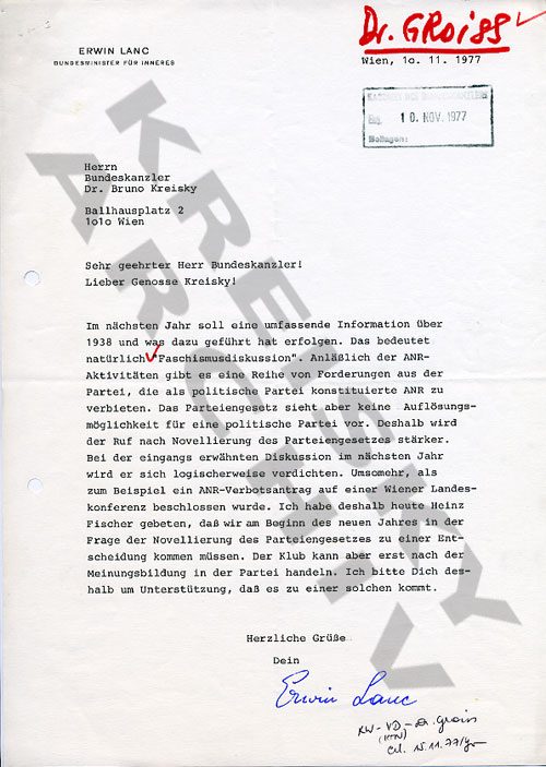 BM Lanc an Bruno Kreisky betreffend Änderung des Parteiengesetzes - Verbot der ANR, November 1977 BM Lanc an Bruno Kreisky betreffend Änderung des Parteiengesetzes - Verbot der ANR, November 1977