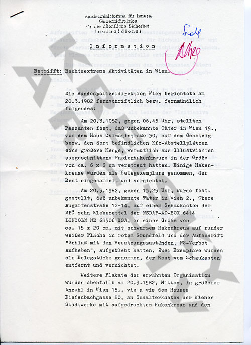 Polizeibericht betreffend Rechtsextreme Aktivitäten in Wien, März 1983