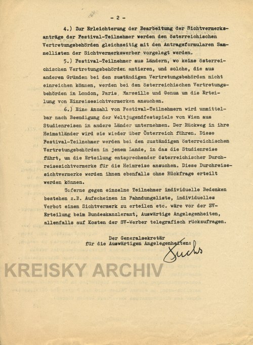 Runderlass des österreichischen Amts vom 27. April 1959 für auswärtige Angelegenheiten betreffend Einreisebedingungen für die BesucherInnen der Weltjungendfestspiele in Wien.