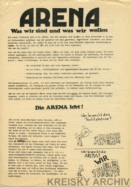 Flugblatt der Arena, das dem Bundeskanzler Kreisky von einem Arenasympathisanten zugesandt wurde.inem jugendlichen Arenasympathisanten und dem Bundeskanzleramt im Oktober 1976