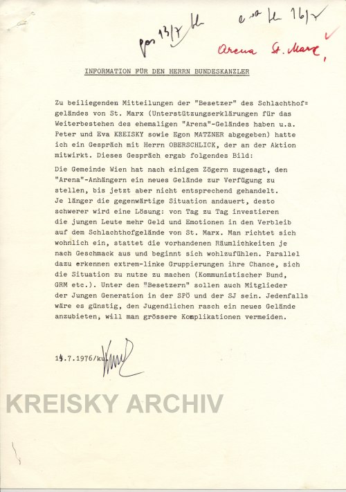 Interne Information für Bundeskanzler Kreisky zur Situation der Besetzung der Arena vom 14. Juli 1976