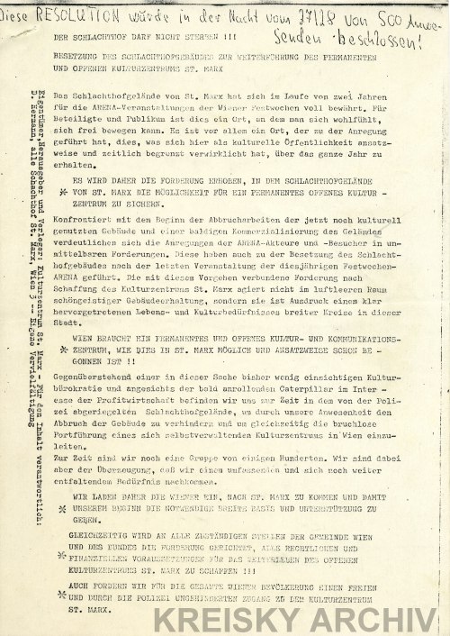 Resolution der Arena-Bewegung, herausgegeben vom Kulturzentrum St. Marx im Juli 1976