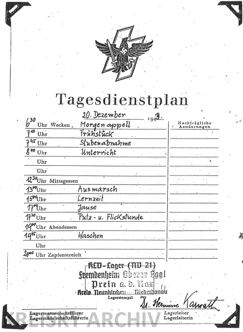 Tagesdienstplan des KLV (Kinderlandverschickungs)-Lagers Tagesdienstplan des KLV (Kinderlandverschickungs)-Lagers
