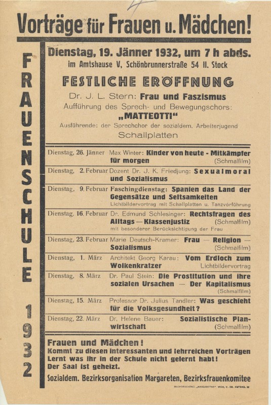 Programmzettel der Frauenschule des sozialdemokratischen Bezirksfrauenkomitees Margareten (Wien), 1932–1934. Programmzettel der Frauenschule des sozialdemokratischen Bezirksfrauenkomitees Margareten (Wien), 1932–1934.