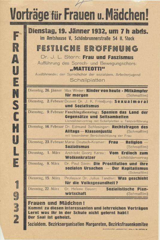 Programmzettel der Frauenschule des sozialdemokratischen Bezirksfrauenkomitees Margareten (Wien), 1932–1934.