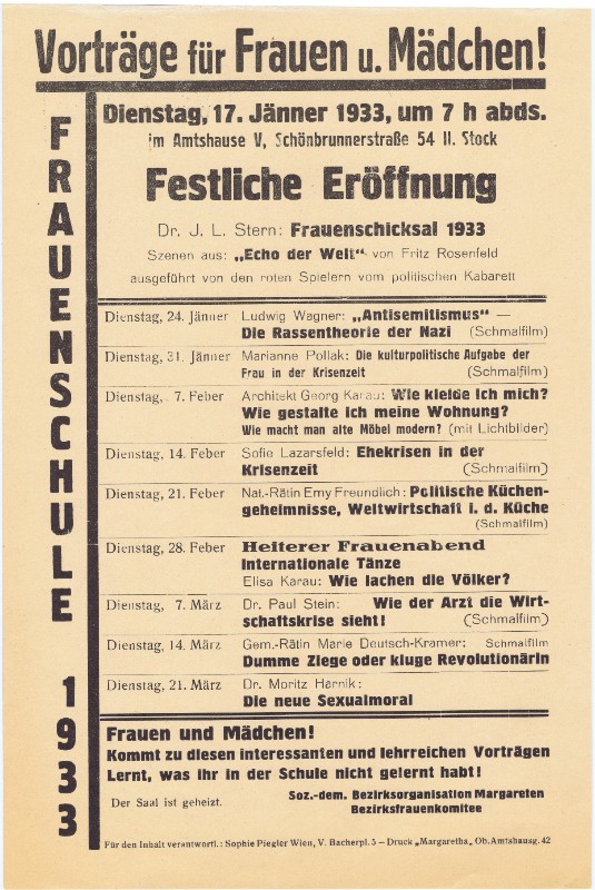 Programmzettel der Frauenschule des sozialdemokratischen Bezirksfrauenkomitees Margareten (Wien), 1932–1934. Programmzettel der Frauenschule des sozialdemokratischen Bezirksfrauenkomitees Margareten (Wien), 1932–1934.