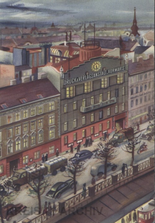 Das "Vorwärts"-Gebäude auf einer Postkarte aus den 1930er Jahren. Die Rechte Wienzeile war damals noch in beiden Richtungen befahrbar. Das "Vorwärts"-Gebäude auf einer Postkarte aus den 1930er Jahren. Die Rechte Wienzeile war damals noch in beiden Richtungen befahrbar.