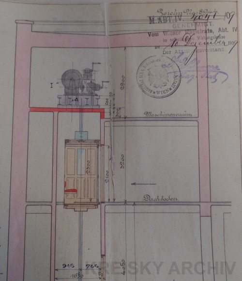 Plan des Personenaufzuges aus dem Jahr 1909. Plan des Personenaufzuges aus dem Jahr 1909.