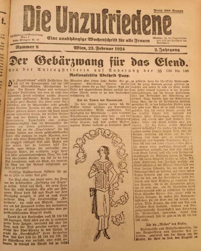 Abdruck einer Rede von Nationalratsabgeordneten Adelheid Popp (SDAP) gegen das Abtreibungsverbot