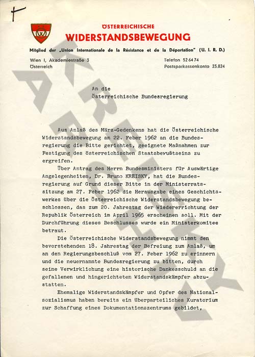 Brief Österreichische Widerstandsbewegung an österreichische Bundesregierung mit Bitte um Einhaltung gemachter Zusagen, 1963. Brief Österreichische Widerstandsbewegung an österreichische Bundesregierung mit Bitte um Einhaltung gemachter Zusagen, 1963.