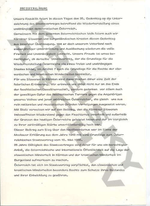 Gemeinsame Presseerklärung von Vertretern der slowenischen und der kroatischen Minderheit in Österreich anlässlich des 25Jahrjubiläums des Staatsvertrages, 1980 Gemeinsame Presseerklärung von Vertretern der slowenischen und der kroatischen Minderheit in Österreich anlässlich des 25Jahrjubiläums des Staatsvertrages, 1980