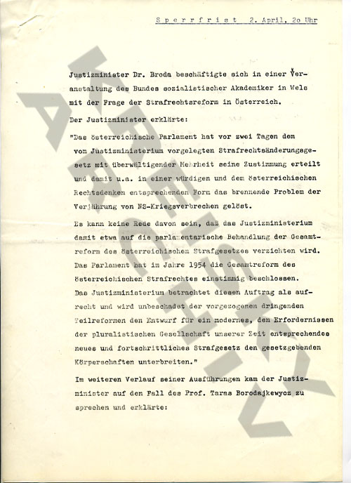Presseaussendung: Vortrag des BM Broda vor dem BSA betreffend Strafrechtsreform und Affäre Borodajkewycz, April 1965 Presseaussendung: Vortrag des BM Broda vor dem BSA betreffend Strafrechtsreform und Affäre Borodajkewycz, April 1965