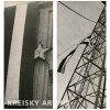 Hissen der österreichischen Fahne an einem Bohrturm des USIA-Betriebes Zistersdorf, Abnahme des Sowjetsterns, 1955.