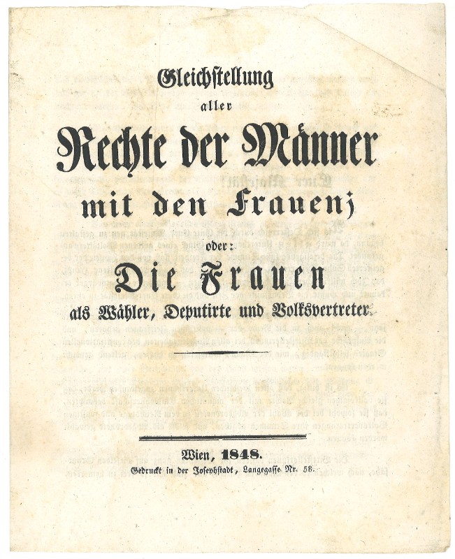 Flugschrift „Gleichstellung aller Rechte der Männer mit den Frauen“, 1848