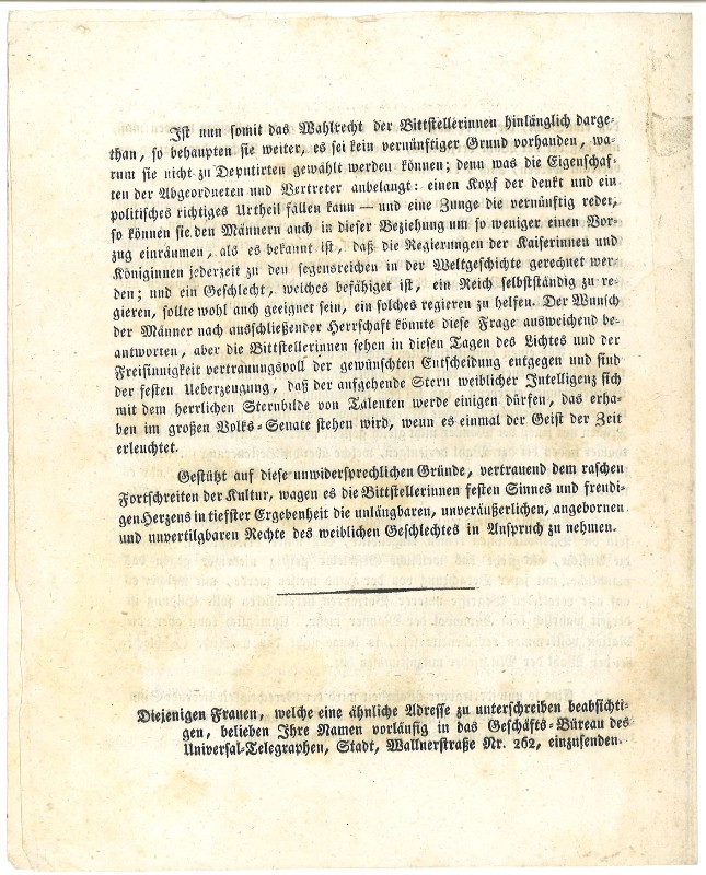 Flugschrift „Gleichstellung aller Rechte der Männer mit den Frauen“, 1848