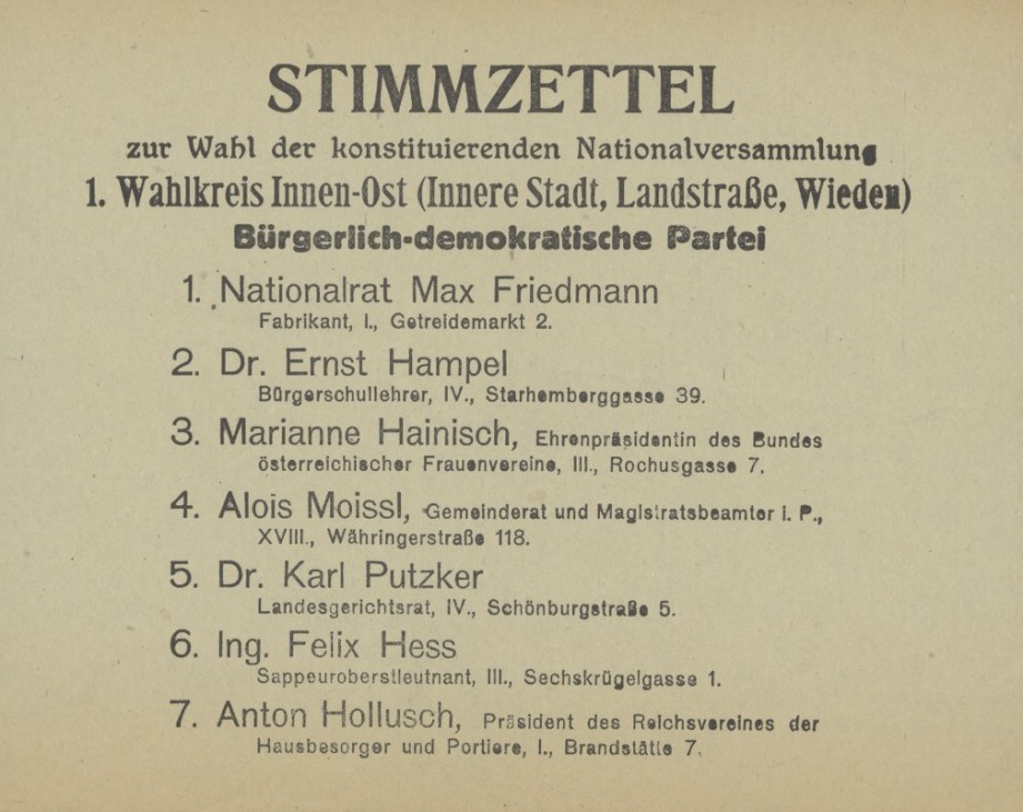Stimmzettel der Bürgerlich-demokratischen Partei, 1919.
