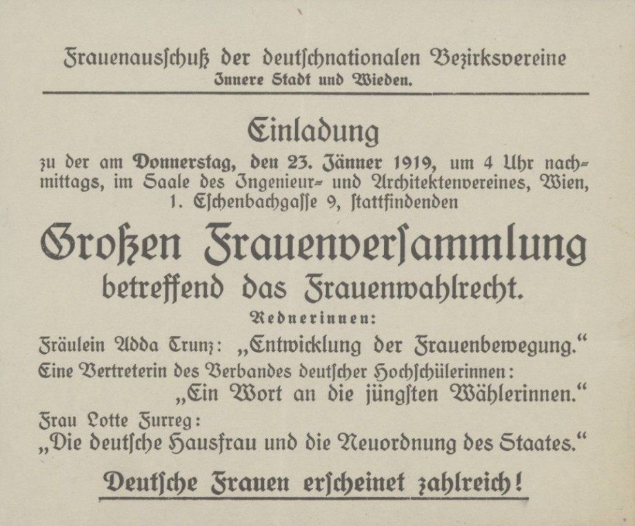 Einladung zu einer Frauenversammlung der Bürgerlich-demokratischen Partei am 4.2.1919 in Wien.